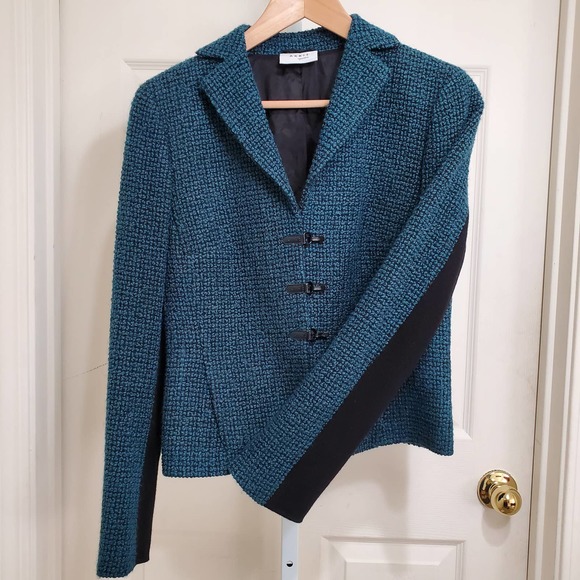 AKRIS PUNTO Emerald Green/Black Textured Buttoned Wool Blend Blazer sz US 8 - Picture 3 of 10